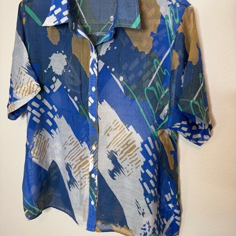 Le Lis Retro Blue and Green Abstract Casual Shirt size Small - Picture 4 of 10